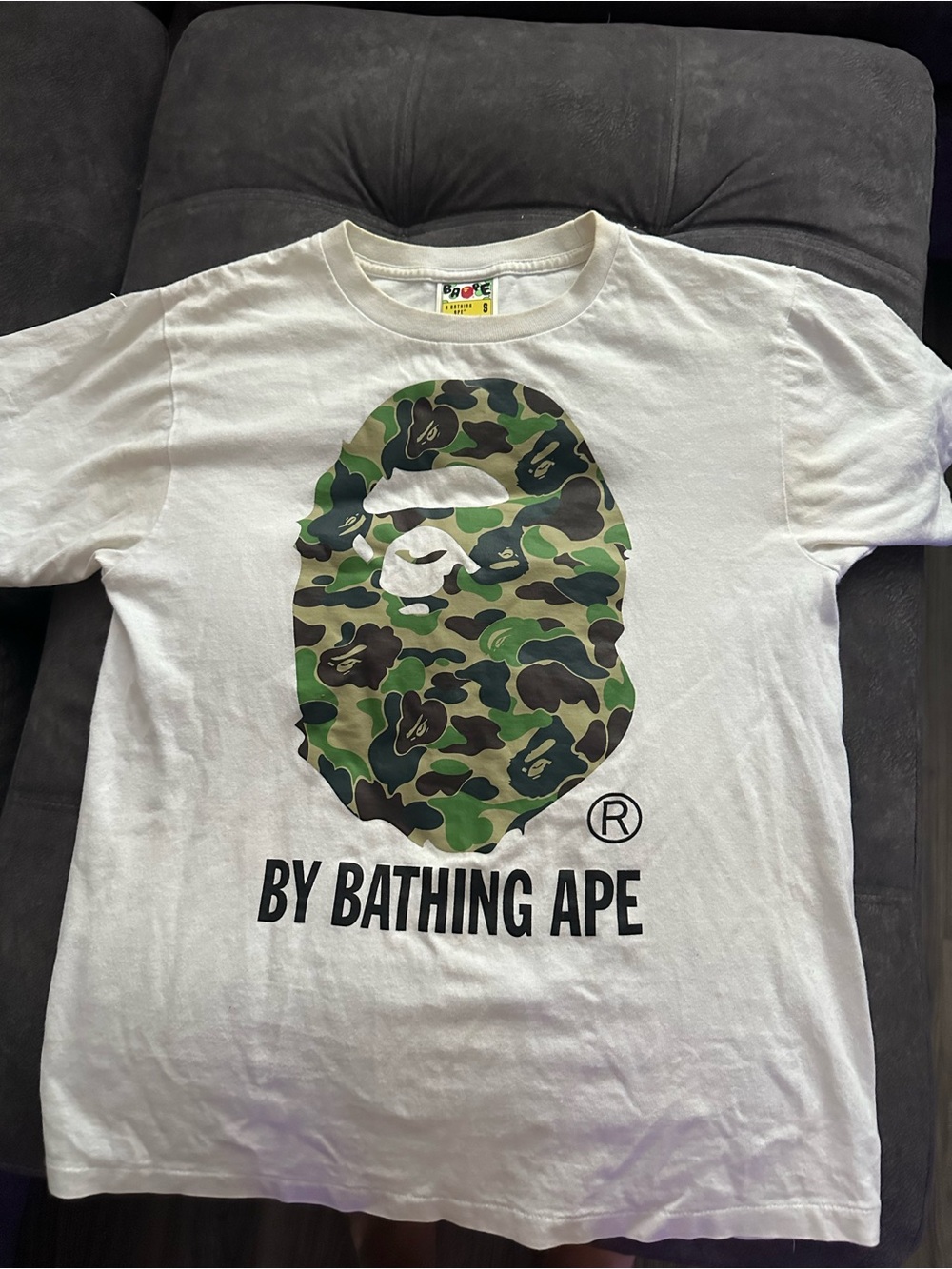 Bape White T-Shirt with Green Camo Ape Head Graphic